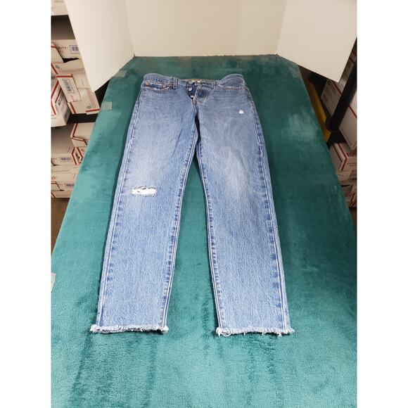 Levis Jeans Size 27 Womens Blue Stretch Pants Fray Hem Mid Rise Wedgie Ankle - Picture 1 of 15